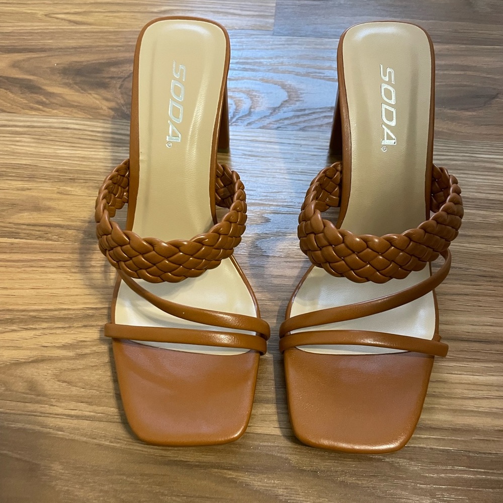 SODA Carmen Tan Strappy Braided Heels
